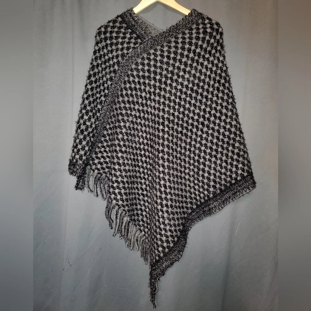 Gray Black Glitter Fringe Poncho Arianna by Howards  O/S